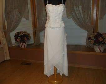 White/Silver 2pc Beaded Lace Crepe Wedding Reception Dress