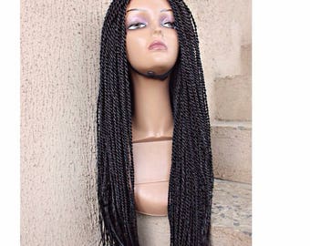 Synthetic hand braided 3-part lace closure wig/ Fully hand braided glueless wig/ Senegalese twist Braided Wig/ Ghana Braids Wig