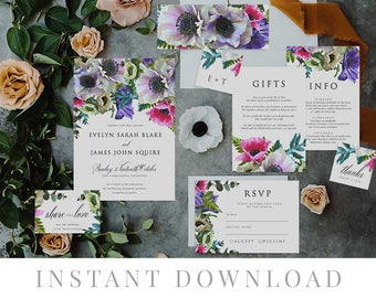 Green Leaves Wedding Invitation Set INSTANT DOWNLOAD, Wedding Invite, DIY Printable Invite, Templett, Rustic Invites, , Anemone Prismo