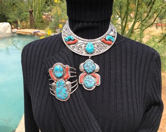 Vintage Native American Jewelry Set, Vintage Navajo Necklace, Vintage Navajo Bracelet, Old Pawn, Turquoise Necklace, Red Coral, Bib Necklace