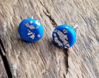 Electric Blue and Silver Leaf Accent Post Earrings, FREE Shipping in US