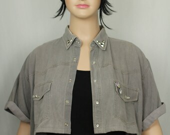 Upcycled cropped grey denim shirt with studs/badges in a plus size/free size