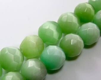Set of 4 10 mm Green faceted cat's eye glass beads