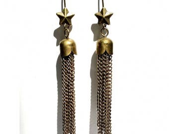 Earrings "Champagne", stars and PomPoms/tassels with metal bronze