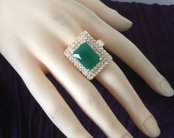 Gold plated ring rectangular stone & rhinestones size 64
