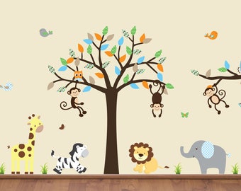 Jungle Decal Set, Nursery Tree Sticker, Animal Decals, Jungle Tree Decal, Jungle Tree Branch, Birds, Owls, Grass, Leaves