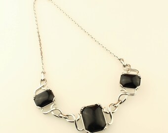 Vintage Silver and Black Necklace, Retro, Costume Jewelry