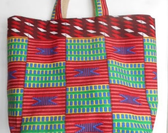 Large African kente ethnic beach bag lined burlap