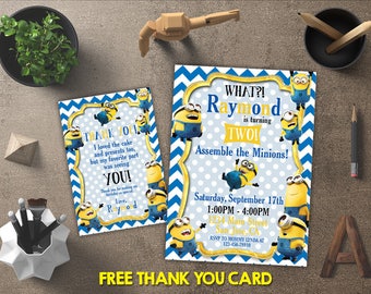 Minion Invitation, Minion Birthday, Minion Invites, Minion Printables, Minion Party, Minion Theme, FREE 4x6 Thank You Card