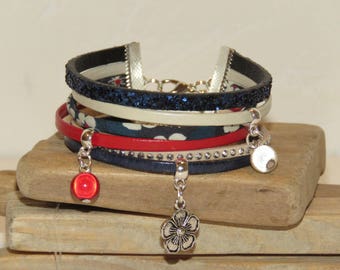 Bracelet Manchett "glitter and liberty" leather, glitter leather, suede and through Navy Blue, red, cream