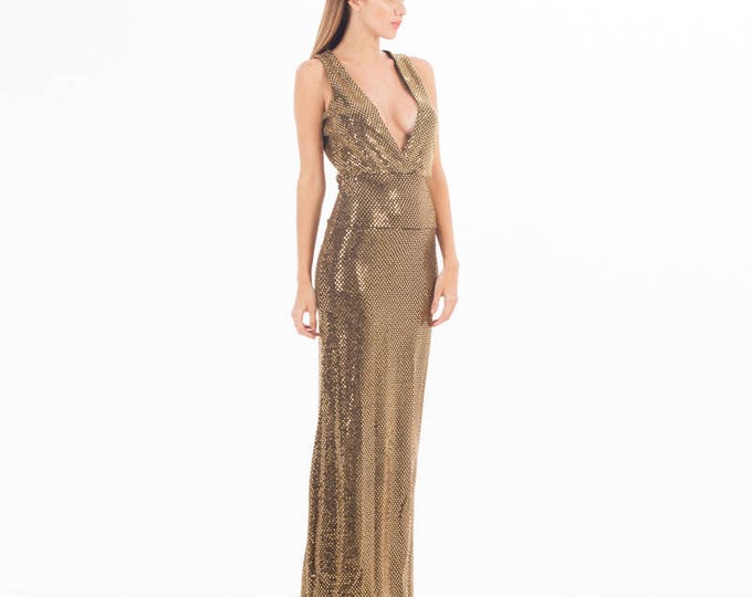 Gold Dress - V Neck Dress - Gold Dress Sparkly - Evening Dress - Holidays Dress - Gold Cocktail Dress- Long Dress - Prom dress - Sexy Dress