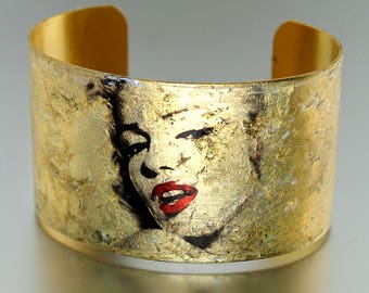 Photo Cuff, Brass Cuff Bracelet, Altered Art Jewelry, Photo Jewelry, Gold Leaf Cuff, MARILYN MONROE