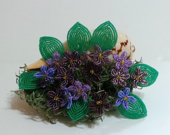 Beaded Flowers French Beaded Violets in Seashell