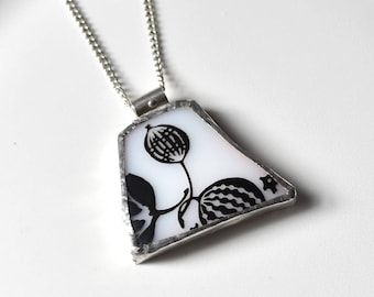 Broken China Jewelry Pendant - Black and White Pyrex Goodberry