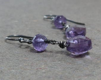 Purple Amethyst Earrings Dangle February Birthstone Oxidized Sterling Silver Earrings Gift for Her