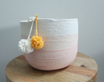 Basket rope coil bin storage organizer bowl pompoms natural coral gold by PETUNIAS