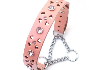 Sweetheart Pink Martingale Leather Dog Collar with Gems, Size M, Medium Dog Collar, to fit a 16-19in Neck, OOAK