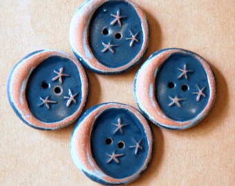 4 Handmade Ceramic Buttons - Moon Buttons - Rich Denim Blue Buttons over Brown Stoneware - Rustic Buttons for Button Bracelets or Handknits