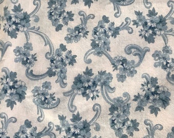 1 1/4 Yards of Wedgewood Blue and Off White Floral and Scroll Print Cotton Fabric