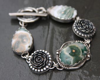ocean jasper and sterling silver metalwork link bracelet