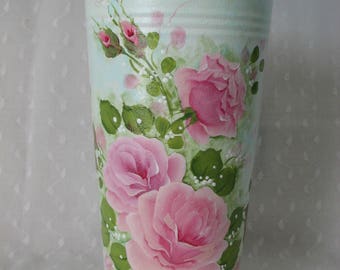 French Bucket Vase Hand Painted Pink Roses Aqua Home Decor