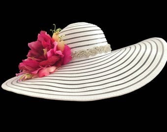 Kentucky Derby Hat, Bridal Tea Party Hat, Women's Floppy Wide Brim Sun Hat, Spring Fashion Hat in White and Tonal Pink is - "Simply Perfect"