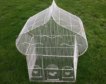 Lg WHITE WIRE BIRDCAGE Shabby Chic Decor,Wedding Decor,3 Door Birdcage,Floral Display,Cottage Birdcage,Wire Birdcage,White Metal Birdcage