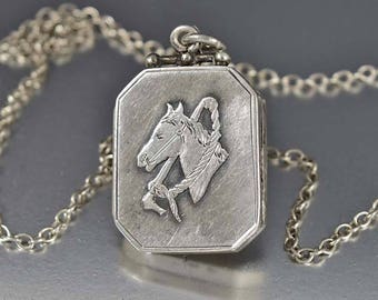 Antique Silver Equestrian Locket Necklace | Victorian Locket | Horse Necklace Engraved Locket | Animal Necklace | Keepsake Locket