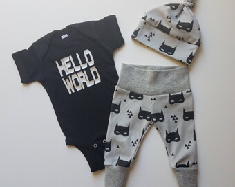 Baby Boy Take Home Outfit. Hello World Batman Mask. Organic Leggings. Bring Home Baby Outfit. Boy Coming Home Outfit. Superhero Baby Outfit.