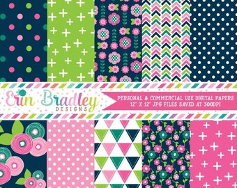 80% OFF SALE Floral Bloom Digital Paper Pack Commercial Use Digital Scrapbook Paper with Flowers Triangles Crosses Herringbone and Polka Dot