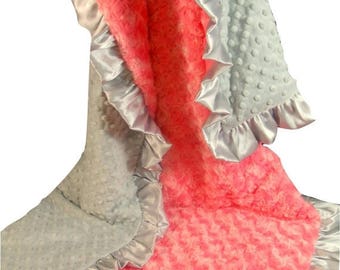 SALE Coral Minky Minky Baby Blanket, Salmon Pink and Gray Baby Blanket, Coral Gray Baby BlanketCan Be Personalized