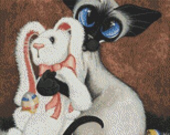 Siamese Cat Cross Stitch, AmyLyn Bihrle Art, Cat Cross Stitch Kit, 'Bunny Hug' Siamese Cat Art, Counted Cross Stitch, Cute Kitten Hugging