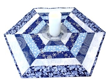 Snowflakes Quilted Table Runner, Blue and Silver Hexagon Table Topper, Christmas Table Runner Quilt, Quiltsy Handmade Patchwork Quilt