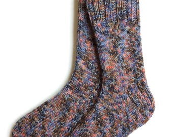 Wool Socks for Women and Girls, Hand Knit, knitted socks, worsted weight, blue tan brown orange, one of a kind, heavy socks, gift for women