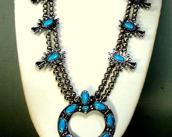 Vintage Squash Blossom Necklace, Faux Turquoise and Silver, Southwestern Native American Classic Motif