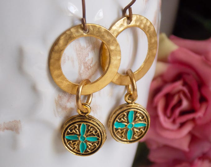 Boho Earrings Brass Turquoise Gold Cast Earrings Dangle Earrings Hammered Textured Metal Hoop Earrings Brass Jewelry GIft
