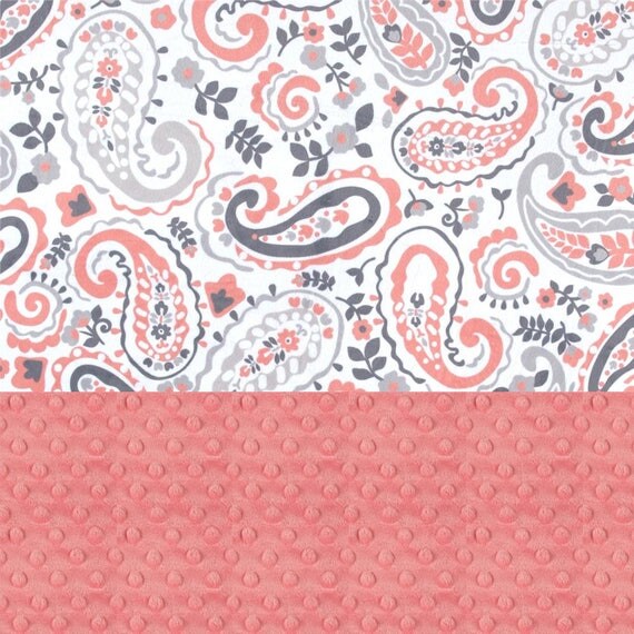 Personalized Baby Blanket Girl- Minky Baby Blanket, Coral Gray Paisley Blanket // Mini Baby Blanket // Security Blanket // Girl Lovey