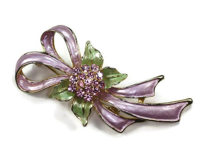 Enameled Lavender Bow Brooch Lavender Rhinestones Green Accents Vintage