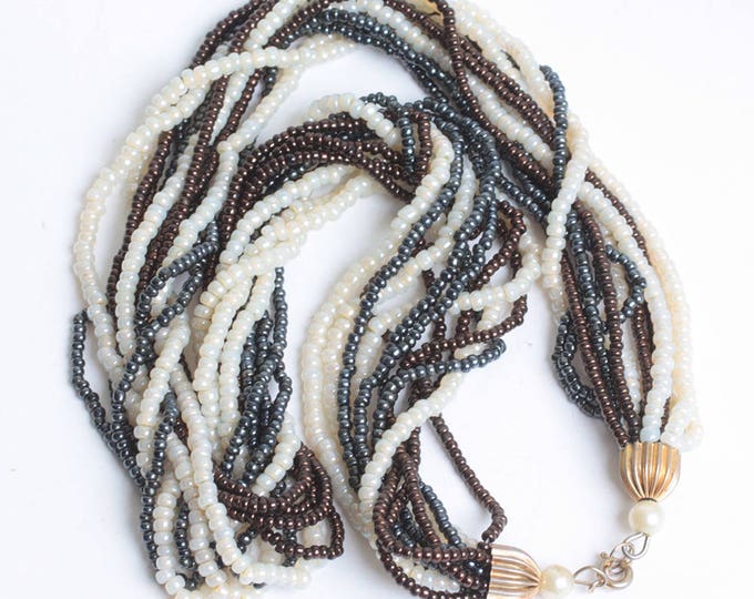 Simulated Pearl Multi Color Necklace Multi Strand Ivory Grey Brown 19 Inch