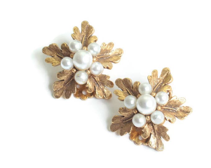 Florenza Faux Pearls Leaf Earrings Gold Tone Clip On As Is
