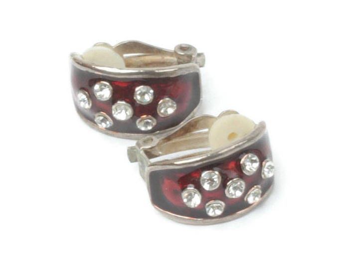 Red Enamel Half Hoop Earrings Clear Rhinestones Clip On Vintage