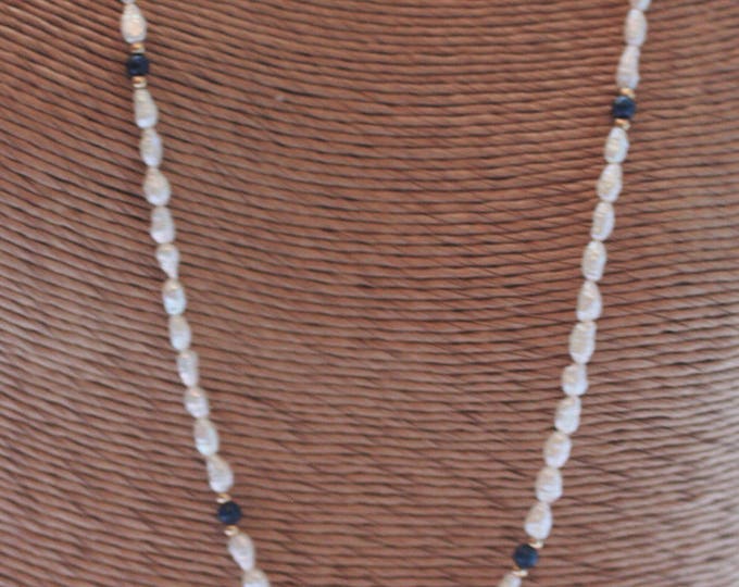 Freshwater Rice Pearl Necklace Lapis and Gold Beads 14K Clasp Vintage