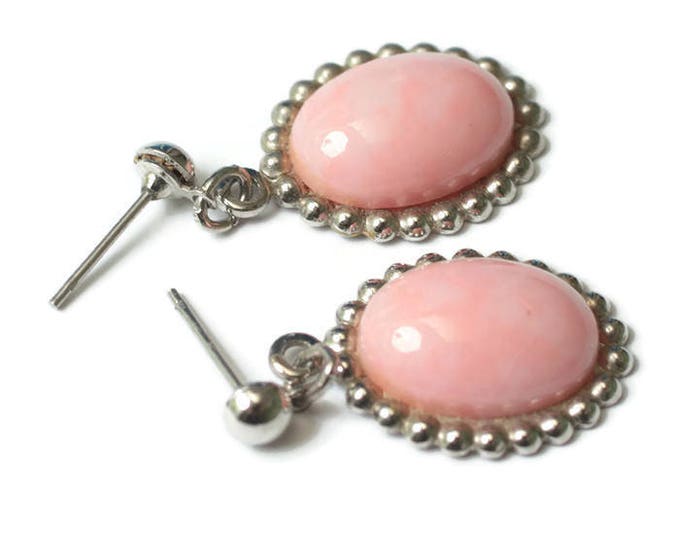 Pink Oval Dangle Earrings Silver Tone Bead Edging Posts Vintage