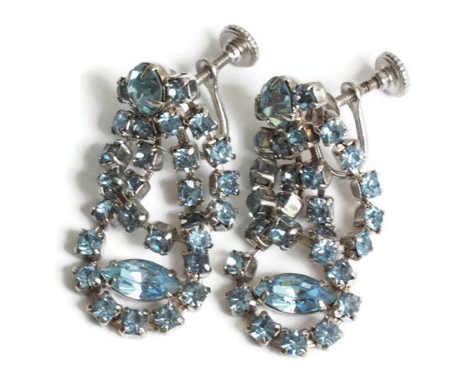 Blue Rhinestone Earrings Draped Dangle Screw Backs Vintage