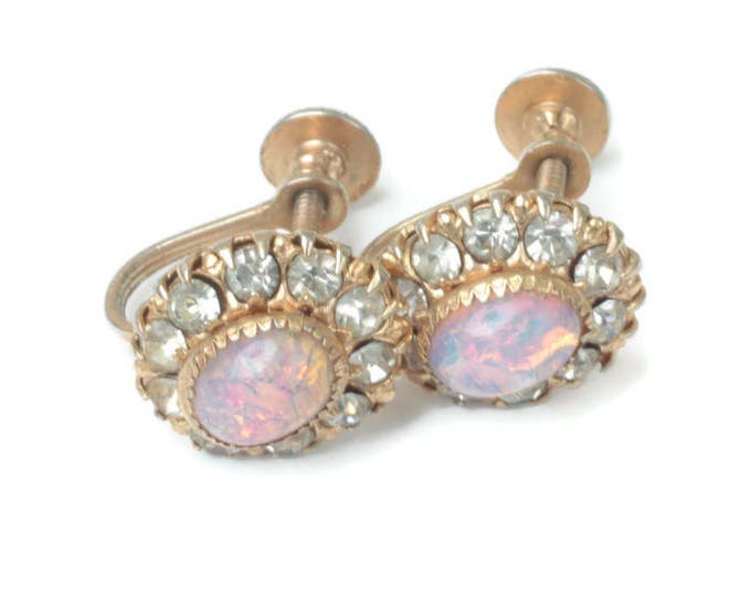 Simulated Opal and Rhinestone Earrings Signed Vargas Gold Tone Screw Back Vintage