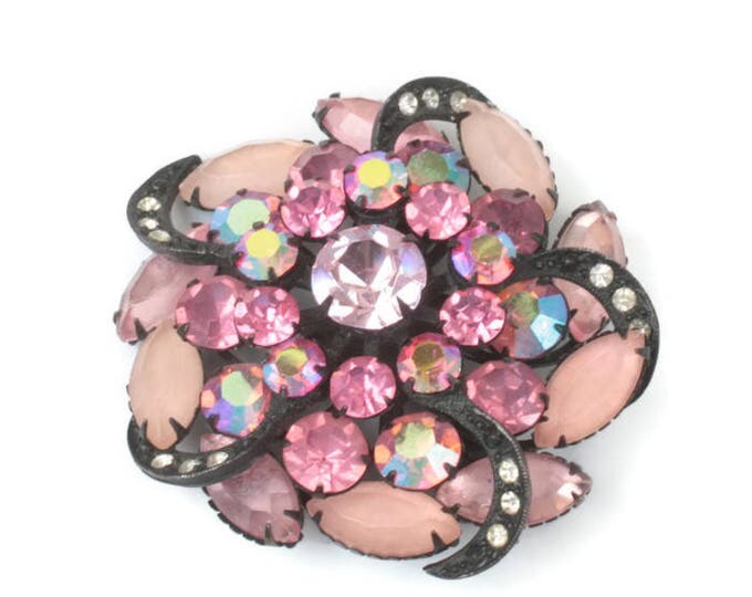 Pink Rhinestone Pinwheel Brooch AB Frosted Stones Japanned Finish Dimensional Vintage