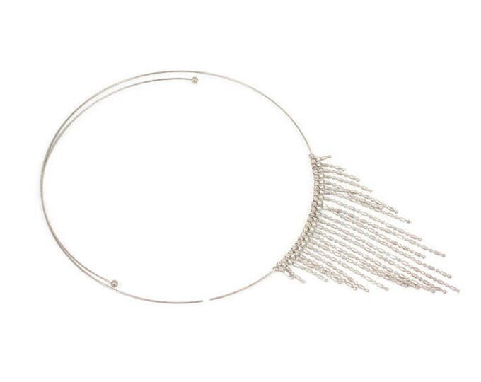Memory Wire Bib Necklace Fringe Beaded Dangle Necklace