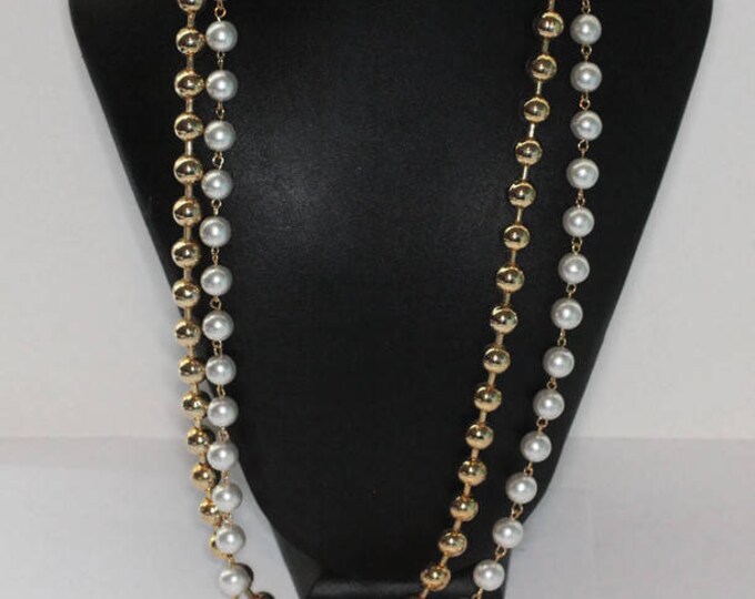 Simulated Pearl and Gold Tone Bead Necklace Two Strand Longer Length Vintage