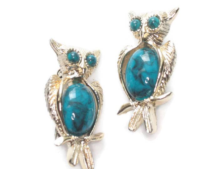 Two Owl Scatter Pins Faux Turquoise Tummy Eyes Gold Tone Vintage Set