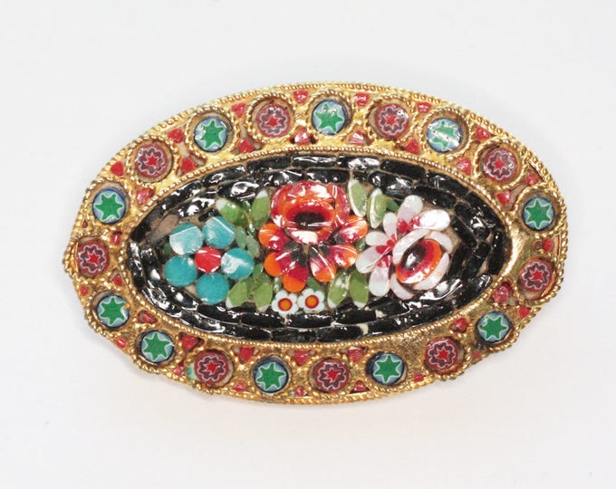 Floral Mosaic Tile Brooch Italy Oval Shape Vintage